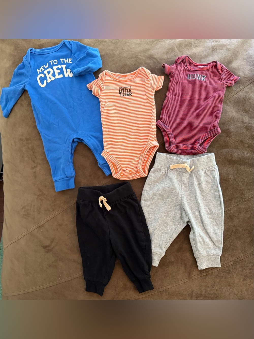 5-pc Baby Onesie & Pants Bundle - Blue, Orange, Maroon, Black, Gray
